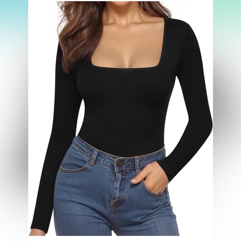 Square Neck Long Sleeve Black Bodysuit